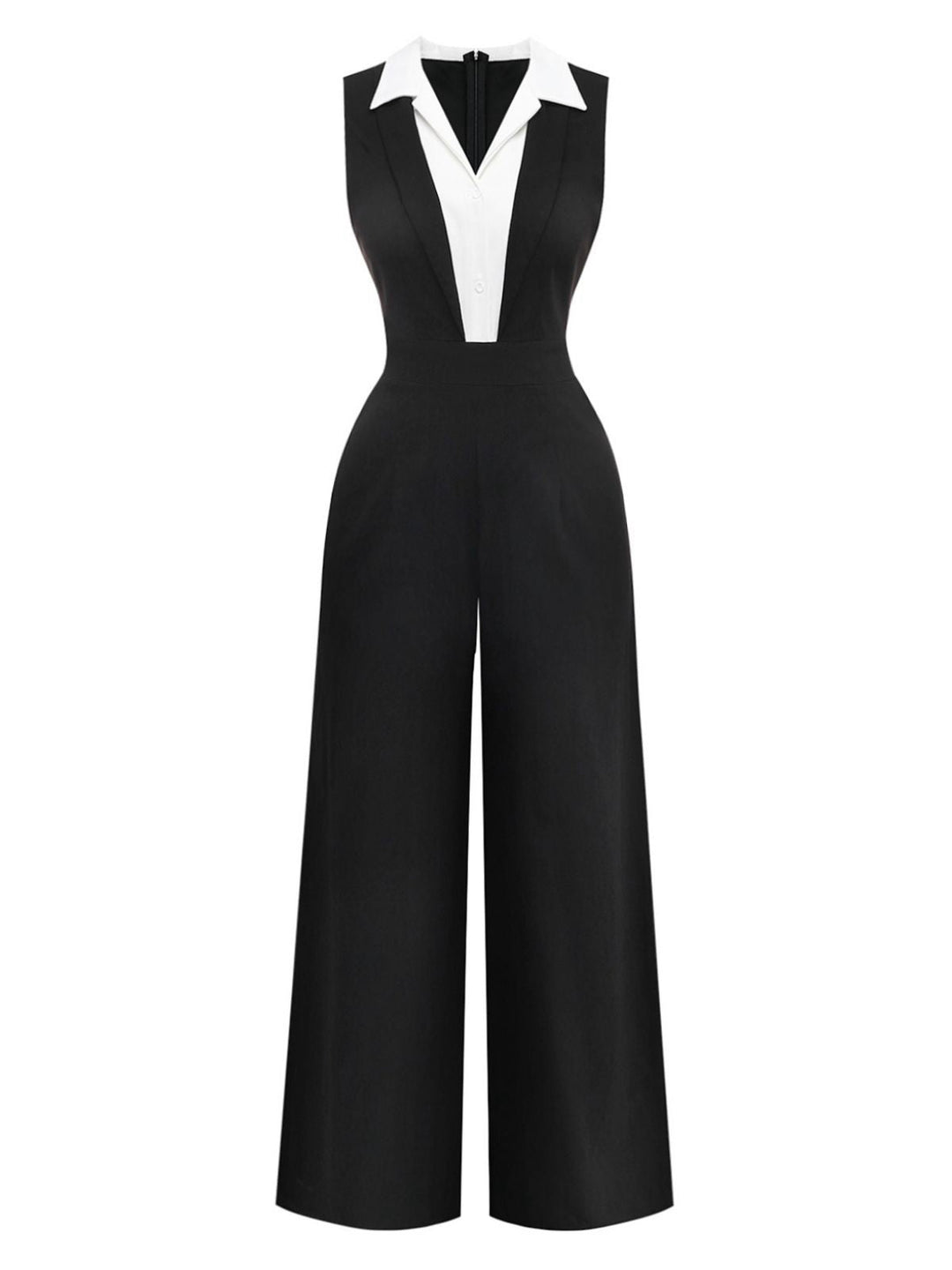 Black 1950s Colorblock Sleeveless Wide-Leg Jumpsuit - vintage jumpsuit, retro fashion, classic black