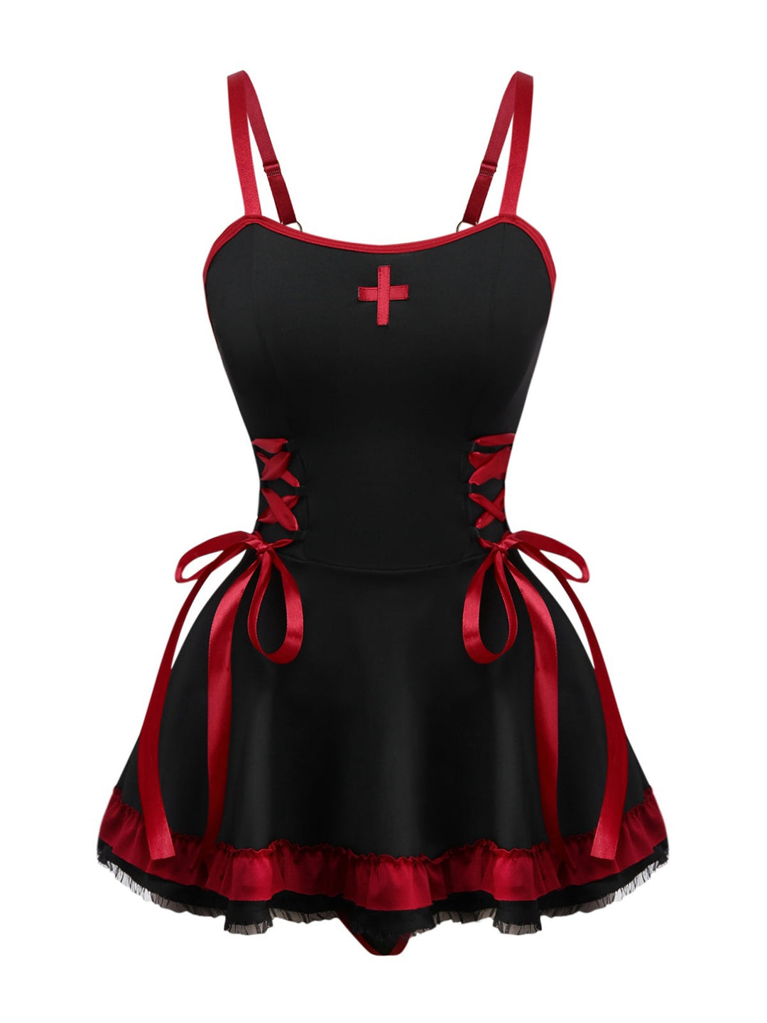 Black Cross Contrast Ruffle Hem Nightdress - vintage dress, retro fashion, rockabilly