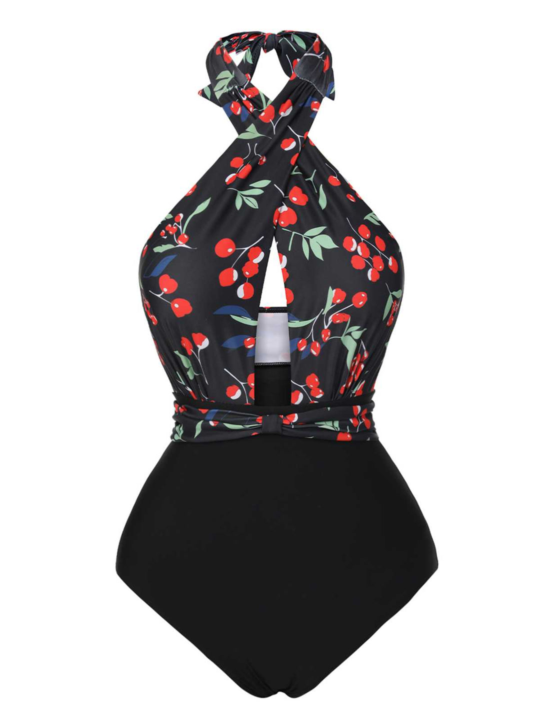 Black Cross Halter Cherry Swimsuit: Riviera elegance, reimagined for her