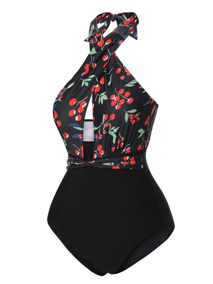This Black Cross Halter Cherry Swimsuit carries vacation dreams in every stitch