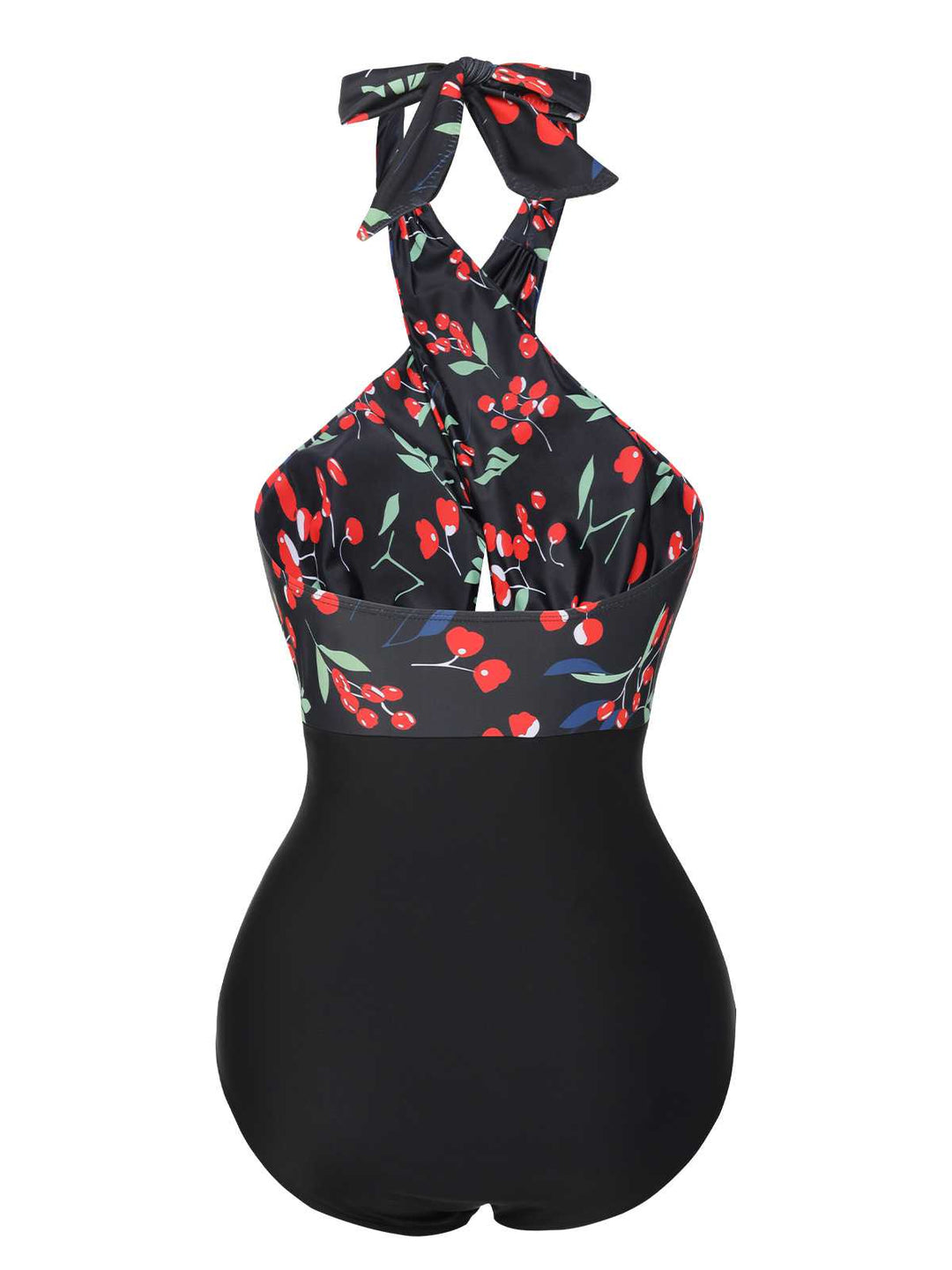 Black Cross Halter Cherry Swimsuit — because glamour never goes out of style