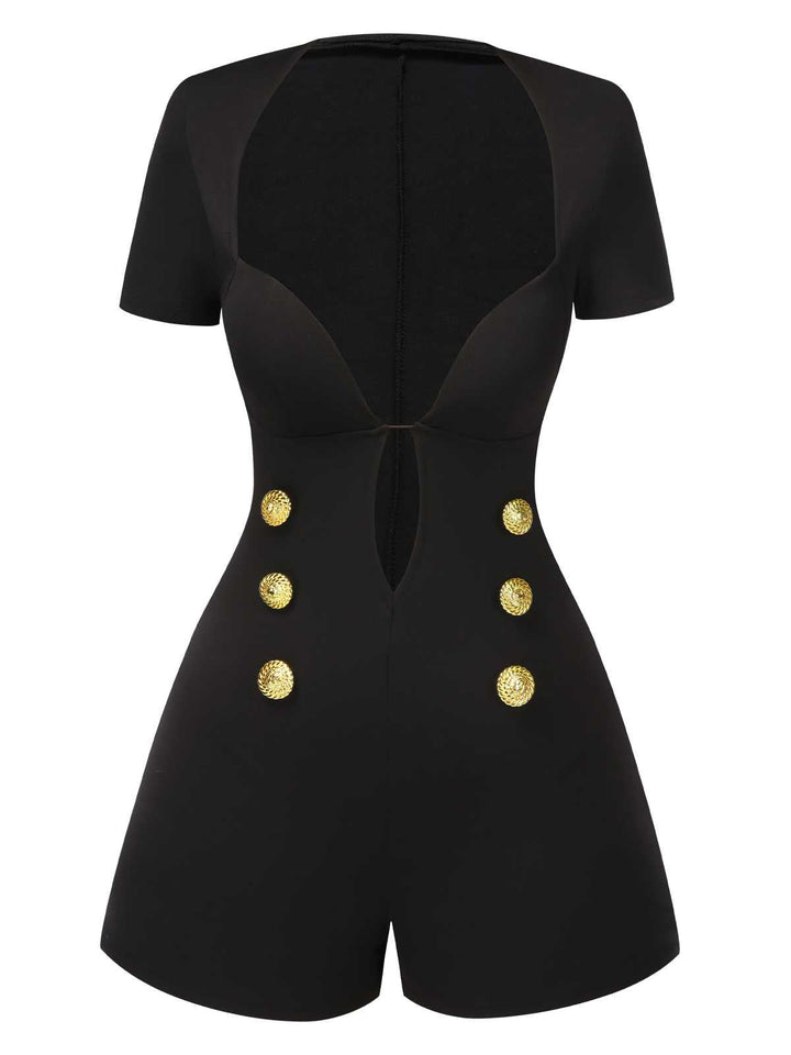 She finds her 1950s story in this Black 1950s Cut-Out Buttoned Solid Romper