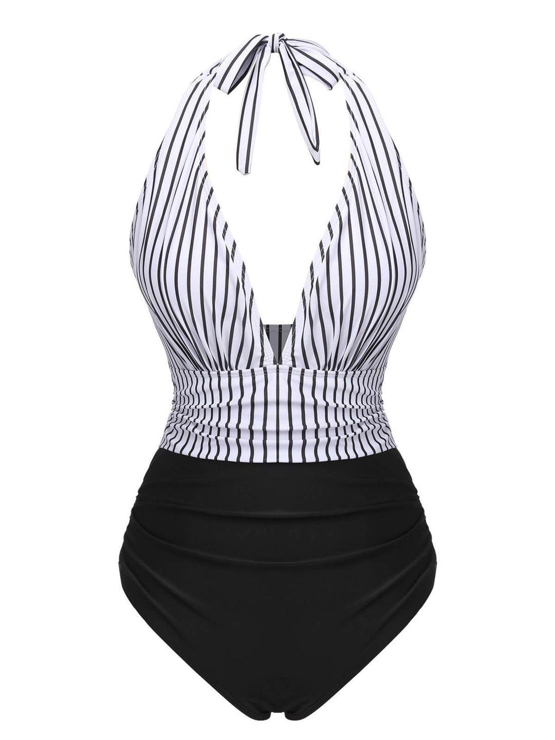 Black 1950s Deep V-Neck Stripe Swimsuit, vintage swimsuit, pin-up swimwear - perfect for women who love vintage and retro fashion