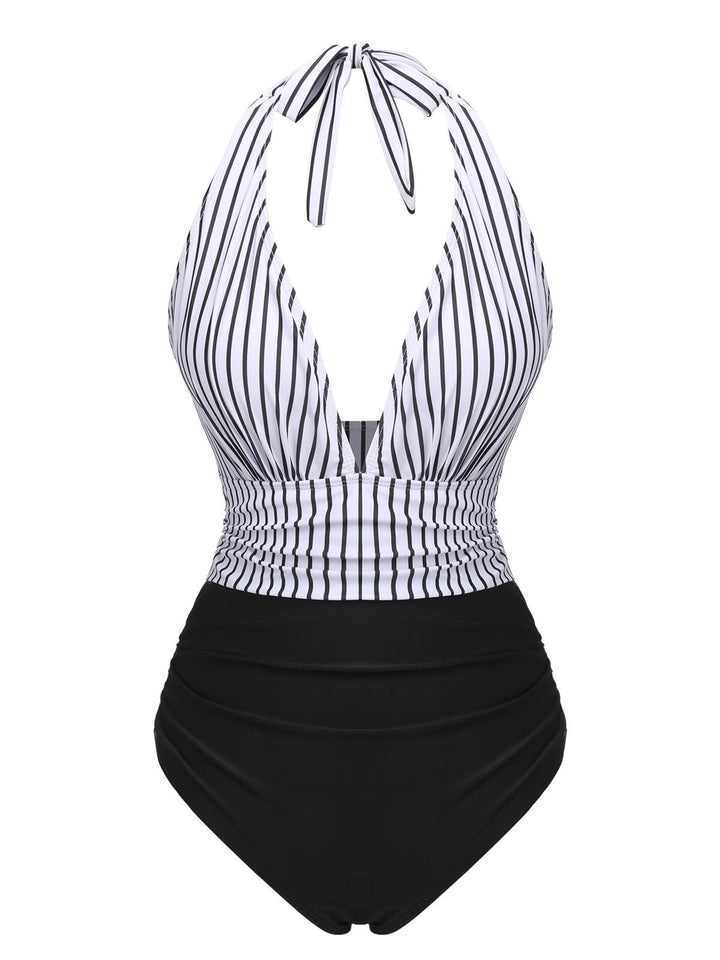 Black 1950s Deep V-Neck Stripe Swimsuit, vintage swimsuit, pin-up swimwear - perfect for women who love vintage and retro fashion