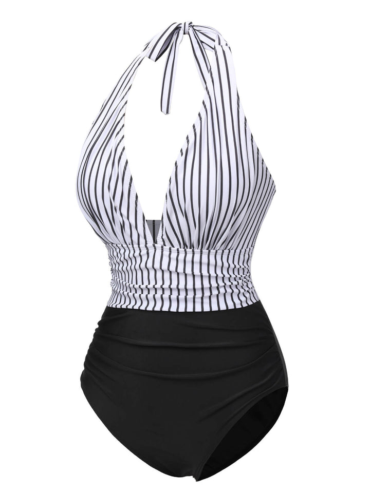 Black 1950s Deep V-Neck Stripe Swimsuit, vintage swimsuit, pin-up swimwear - perfect for women who love vintage and retro fashion