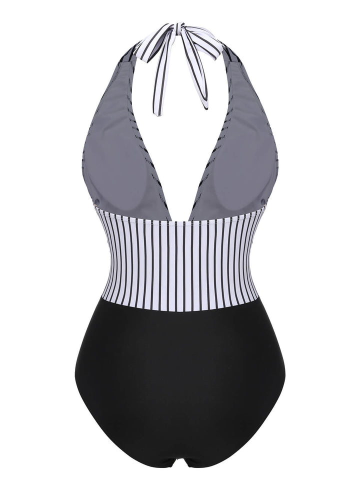 Black 1950s Deep V-Neck Stripe Swimsuit, vintage swimsuit, pin-up swimwear - perfect for women who love vintage and retro fashion
