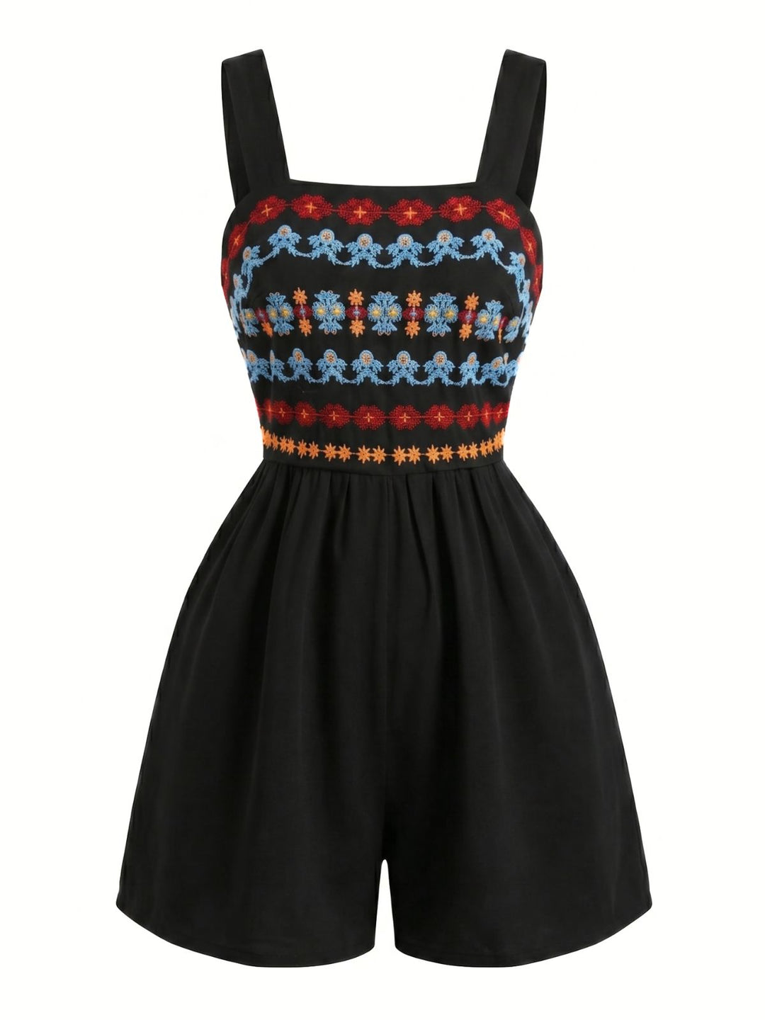 Black 1950s Embroidered Square Neck Romper, vintage romper, retro jumpsuit - perfect for women who love vintage and retro fashion