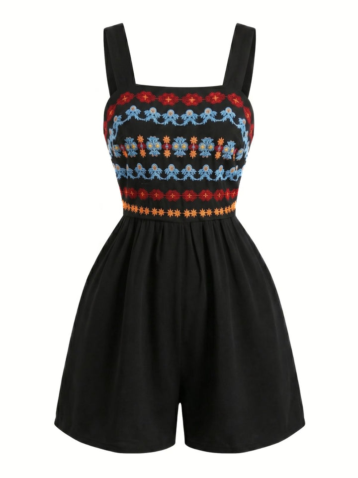 Black 1950s Embroidered Square Neck Romper, vintage romper, retro jumpsuit - perfect for women who love vintage and retro fashion