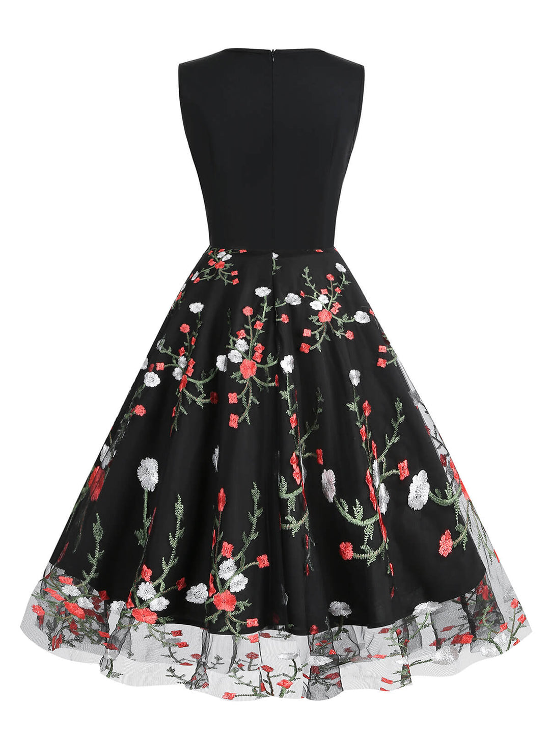 Black 1950s Floral Embroidered Patchwork Dress — vintage elegance for the modern woman