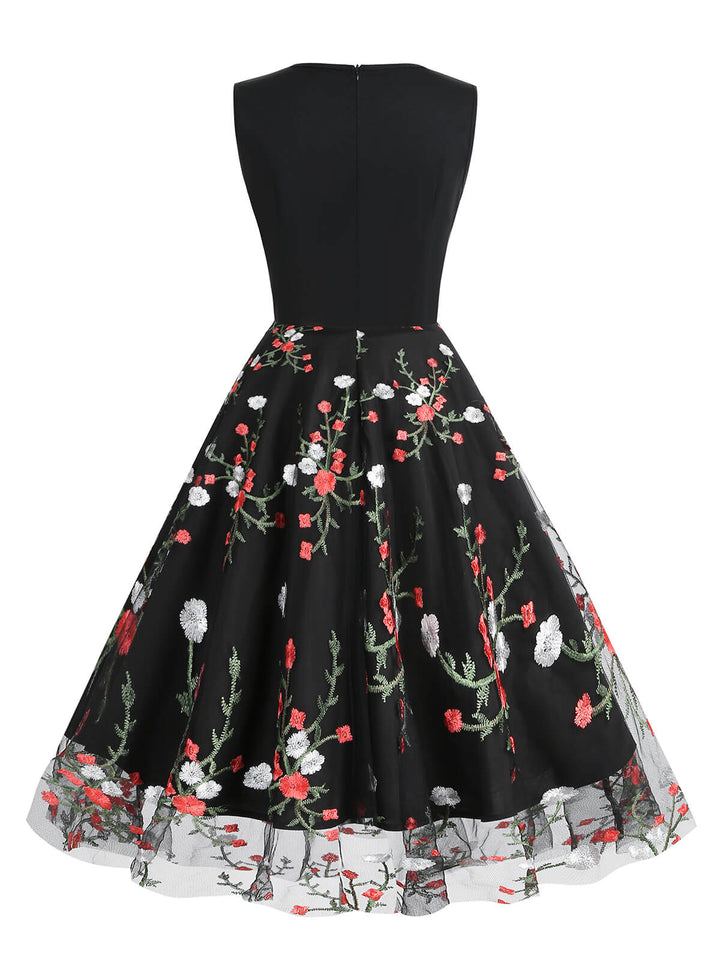 Black 1950s Floral Embroidered Patchwork Dress — vintage elegance for the modern woman