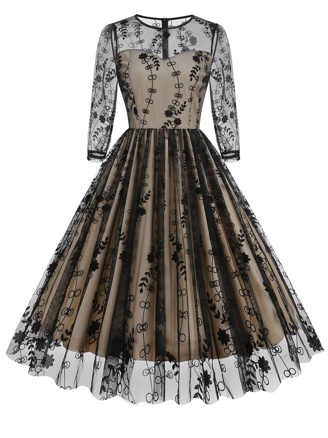 She slips into this Black 1950s Floral Mesh Patchwork Dress and suddenly it&