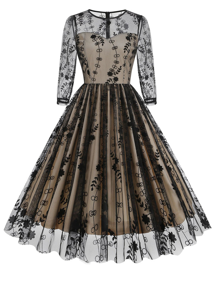 She slips into this Black 1950s Floral Mesh Patchwork Dress and suddenly it&