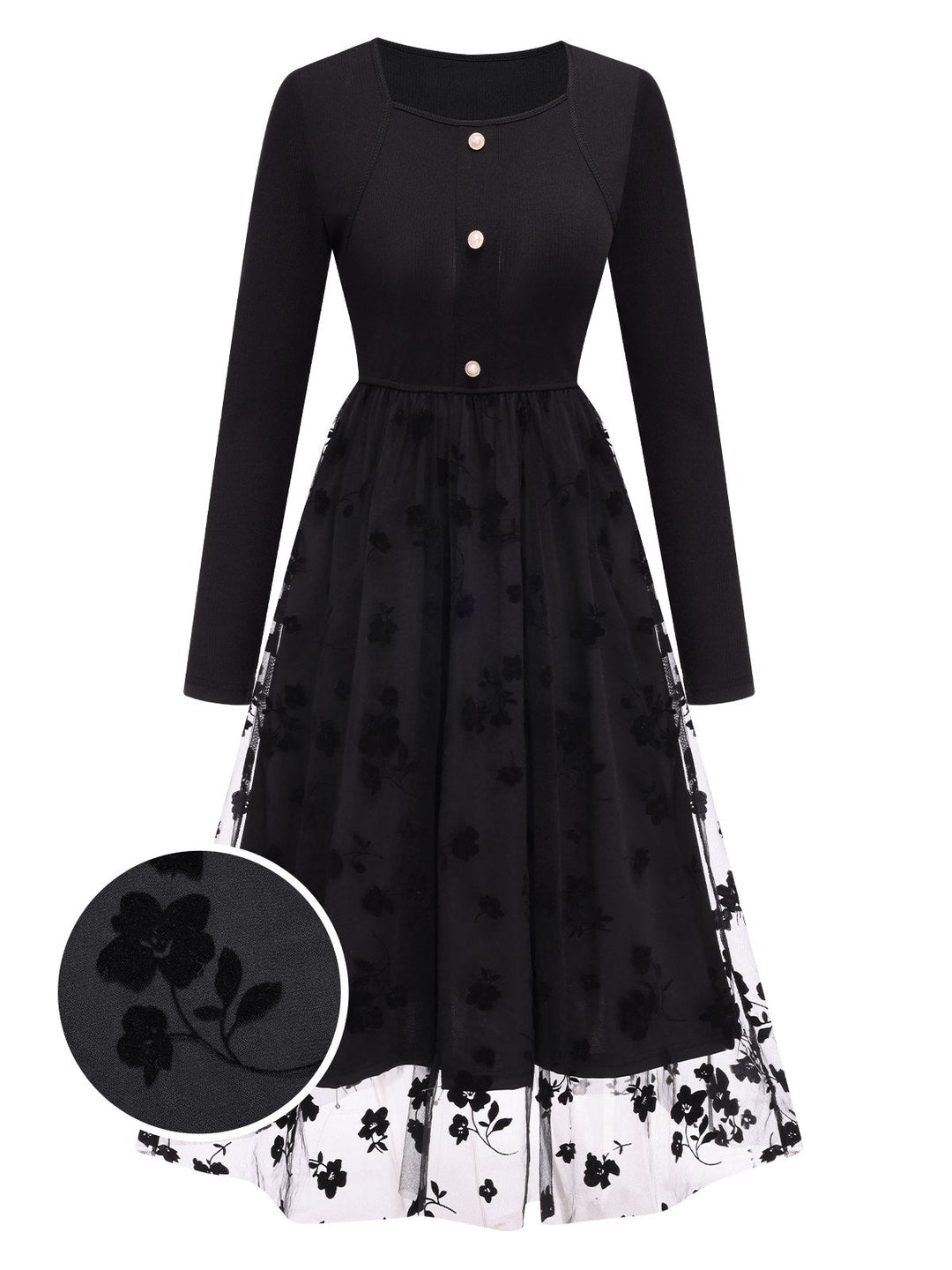 She slips into this Black 1950s Floral Mesh Patchwork Dress and suddenly it&