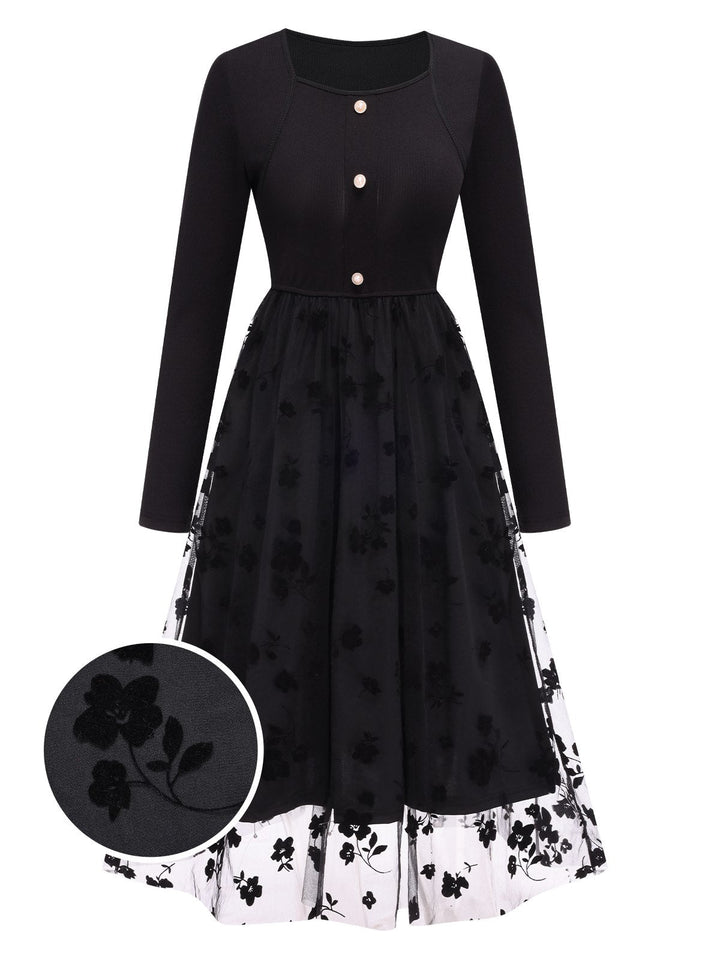 She slips into this Black 1950s Floral Mesh Patchwork Dress and suddenly it&