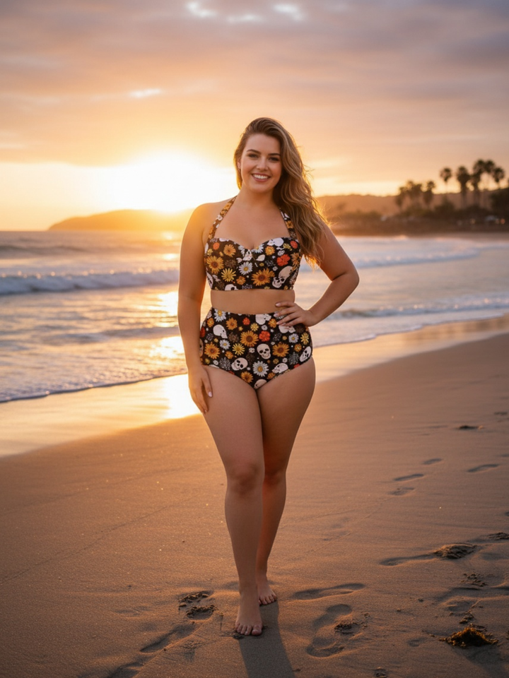 [Plus Size] Black Floral Print Lace-Up Halter Swimsuit, vintage swimsuit, swimwear - perfect for women who love vintage and retro fashion