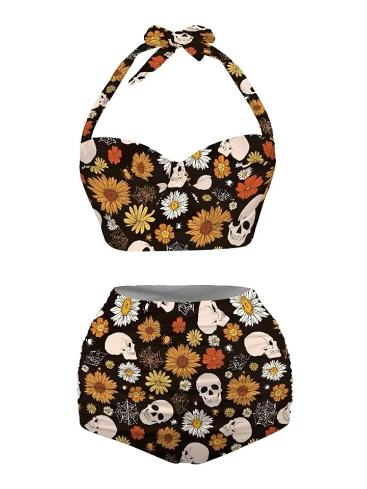 Black Floral Print Lace-Up Halter Swimsuit - vintage swimwear, retro swimsuit, style for vintage lovers