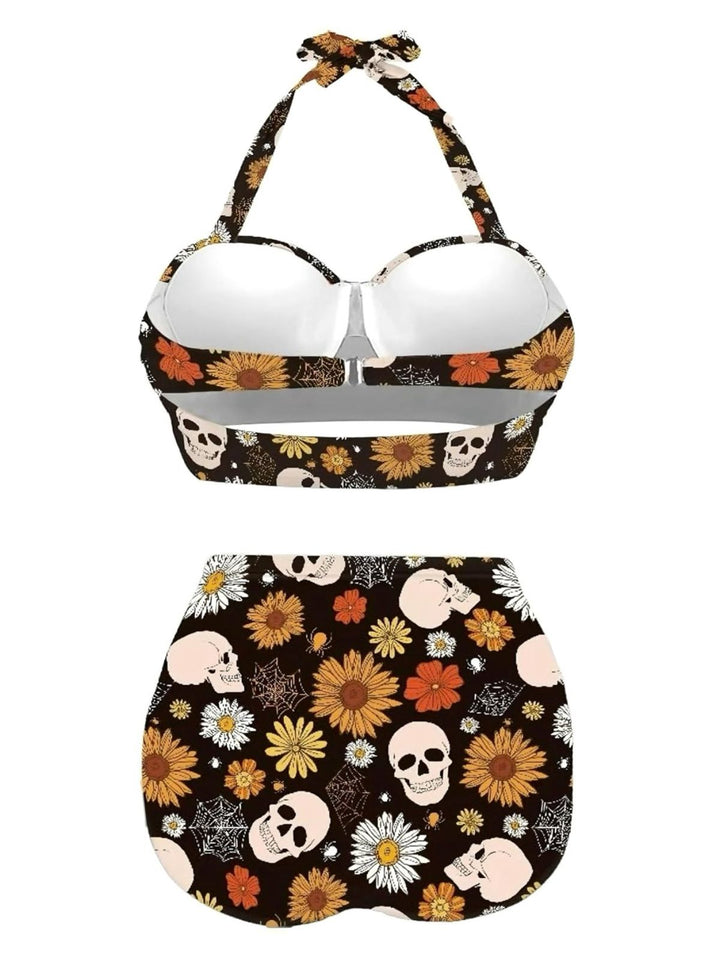Black Floral Print Lace-Up Halter Swimsuit: beautiful vintage swimwear, retro swimsuit, style with timeless appeal