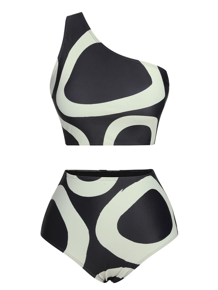 Black 1950s Geometric One-Shoulder Swimsuit, vintage swimsuit, pin-up swimwear - perfect for women who love vintage and retro fashion