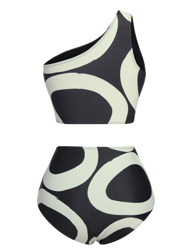 Black 1950s Geometric One-Shoulder Swimsuit, vintage swimsuit, pin-up swimwear - perfect for women who love vintage and retro fashion