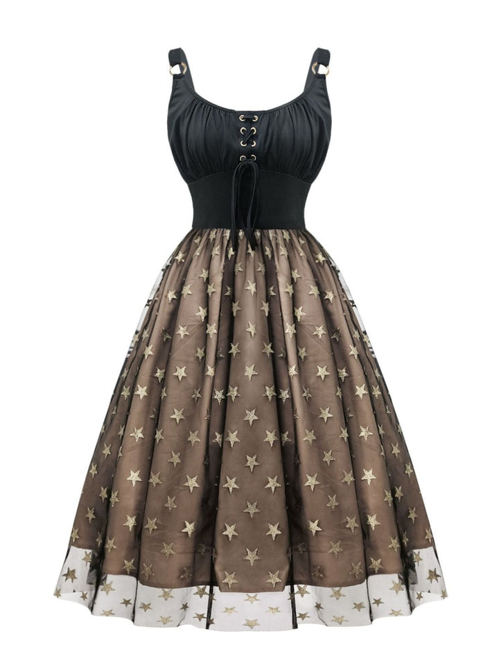Black 1950s Gold Star Sequined Mesh Ruched Dress - vintage dress, retro fashion, rockabilly