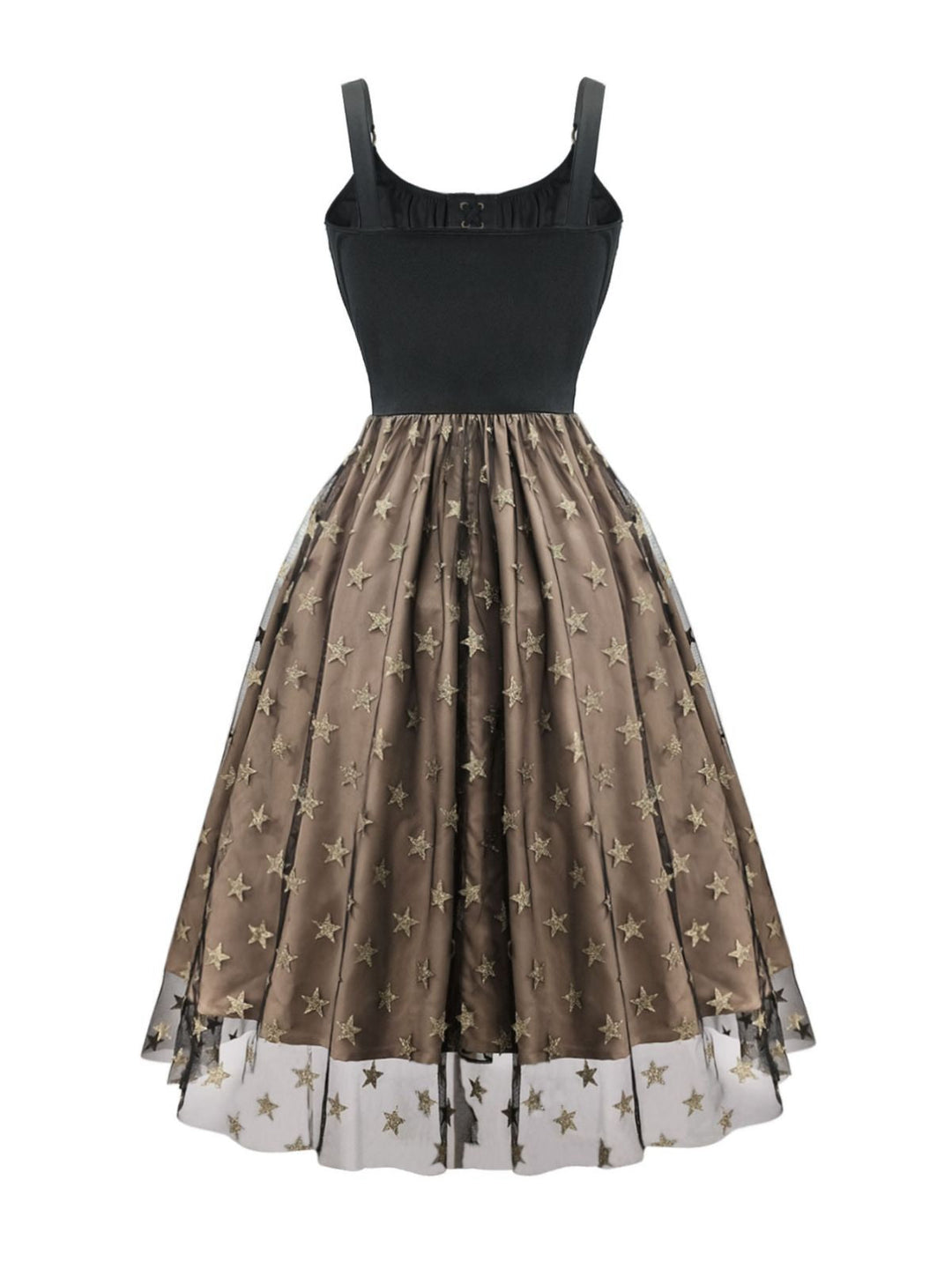 Black 1950s Gold Star Sequined Mesh Ruched Dress - vintage dress, retro fashion, rockabilly