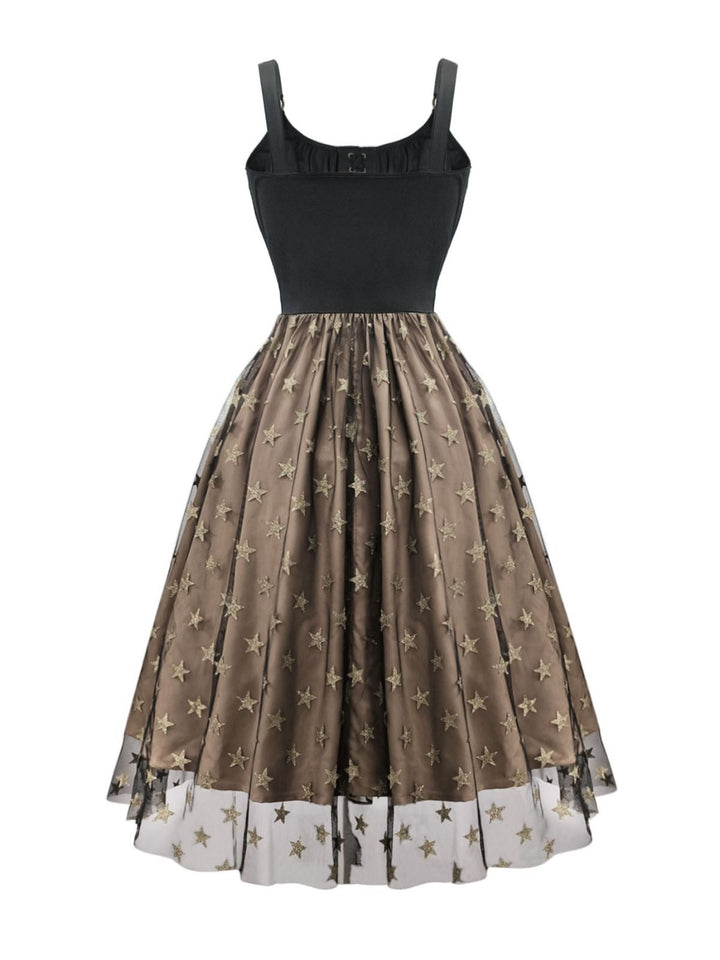 Black 1950s Gold Star Sequined Mesh Ruched Dress - vintage dress, retro fashion, rockabilly