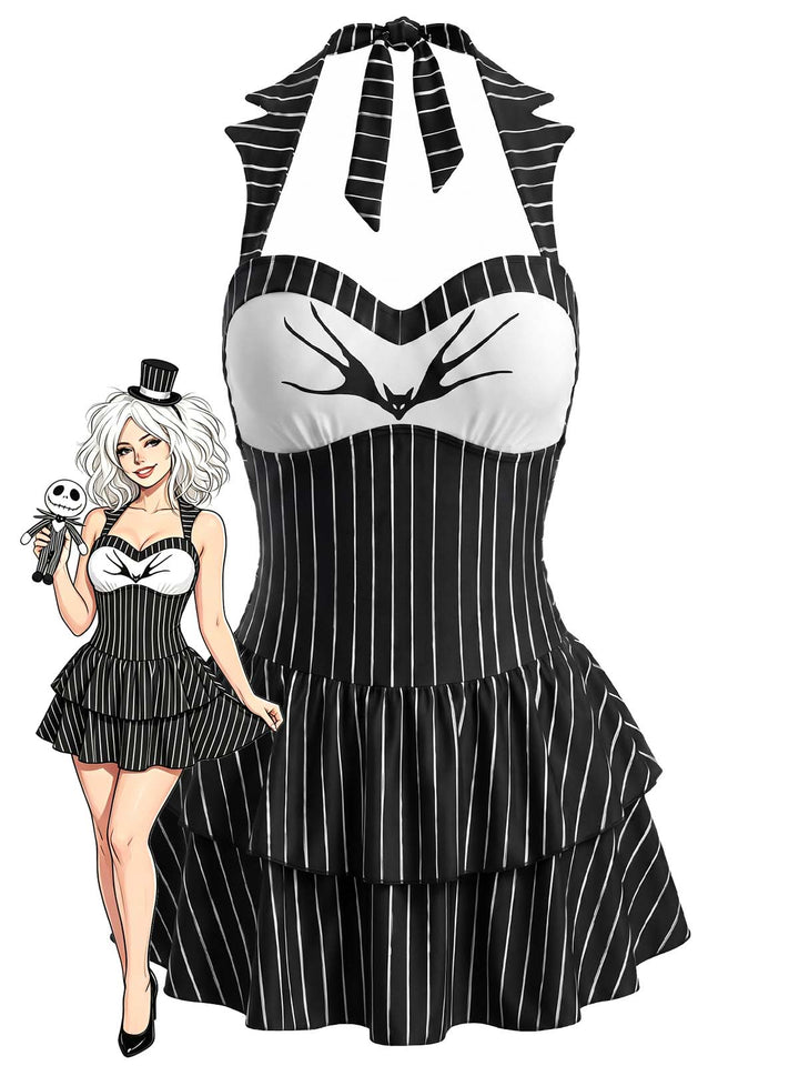 [Pre-Sale] Black Gothic Bat Pinstripe Halter Swim Dress, vintage dress, retro fashion,, fashion - perfect for women who love vintage and retro fashion