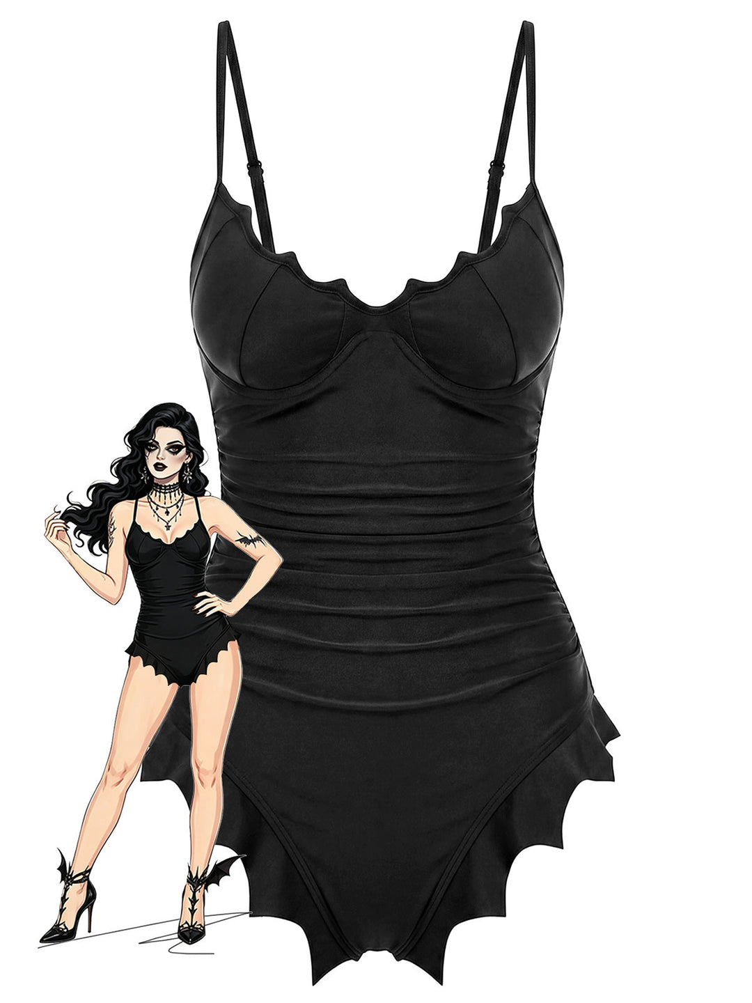 [Pre-Sale] Black Gothic Batwing Hem One Piece Swimsuit - vintage swimsuit, swimwear for vintage lovers