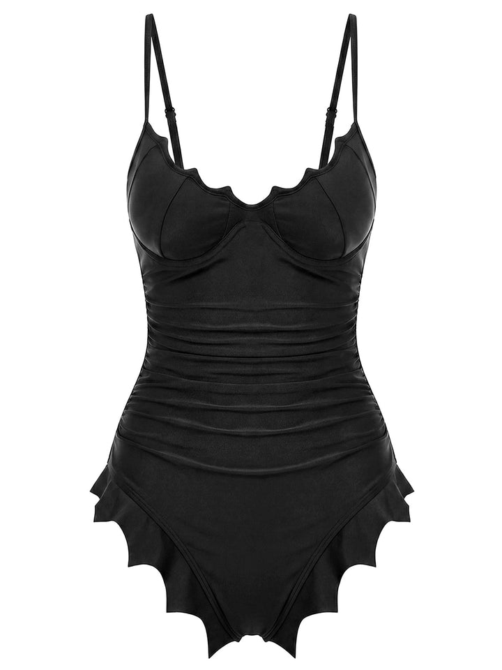 [Pre-Sale] Black Gothic Batwing Hem One Piece Swimsuit - vintage swimsuit, swimwear for vintage lovers