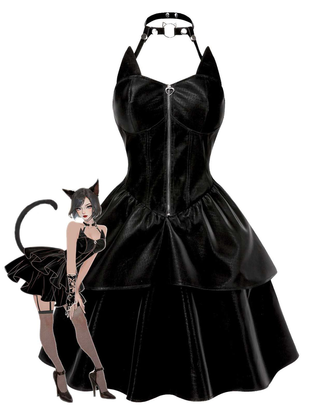 Black 1950s Halloween Catwoman Leather Dress - vintage dress, retro fashion, rockabilly