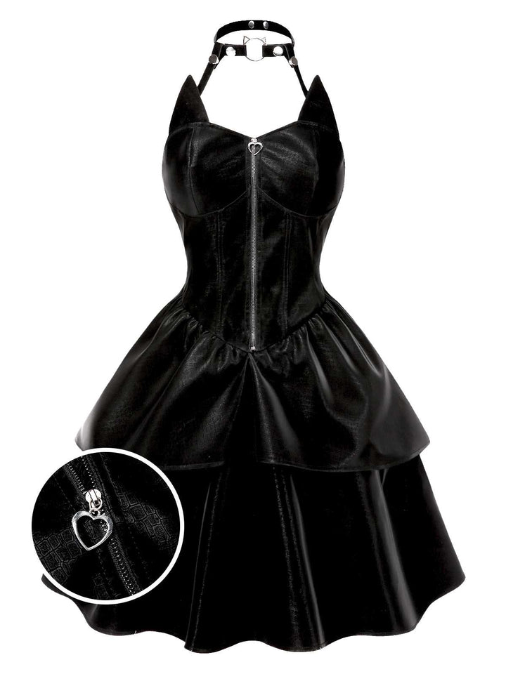 Black 1950s Halloween Catwoman Leather Dress - vintage dress, retro fashion, rockabilly