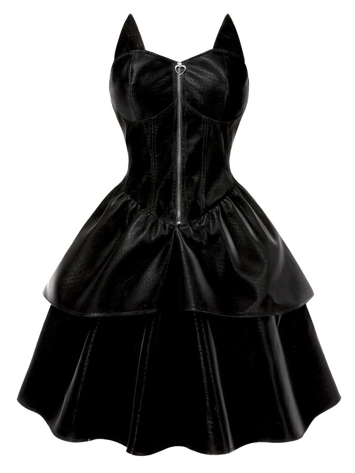 Black 1950s Halloween Catwoman Leather Dress - vintage dress, retro fashion, rockabilly