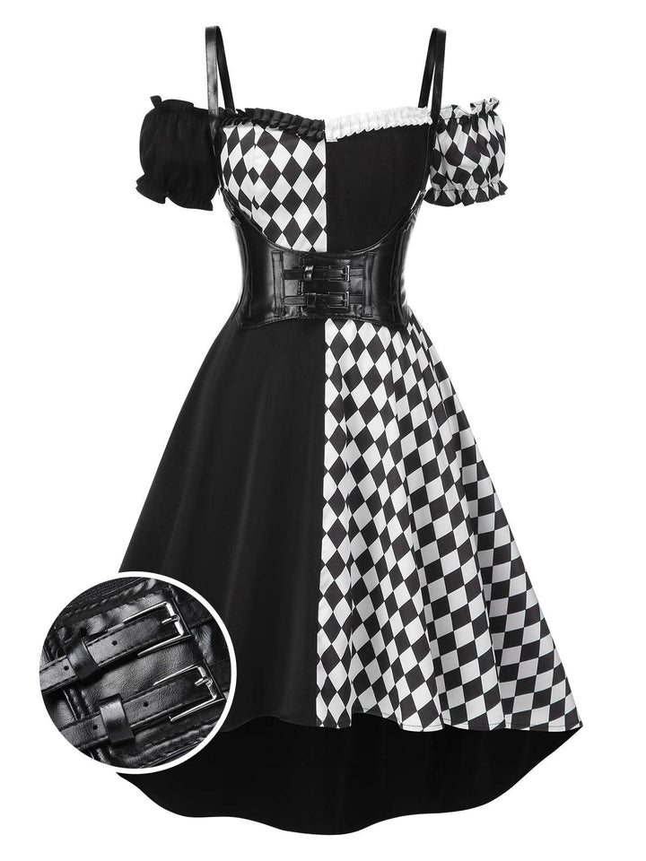 Black 1950s Halloween Harlequin Pattern Dress &amp; Leather Corset, vintage dress, retro fashion, rockabilly, pin-up fashion - perfect for women who love vintage and retro fashion