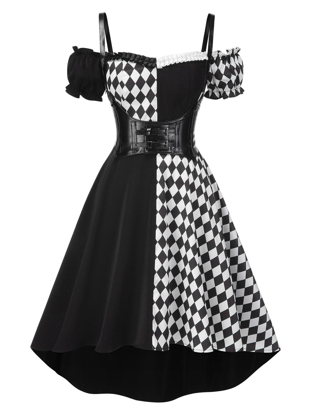 Black 1950s Halloween Harlequin Pattern Dress &amp; Leather Corset, vintage dress, retro fashion, rockabilly, pin-up fashion - perfect for women who love vintage and retro fashion