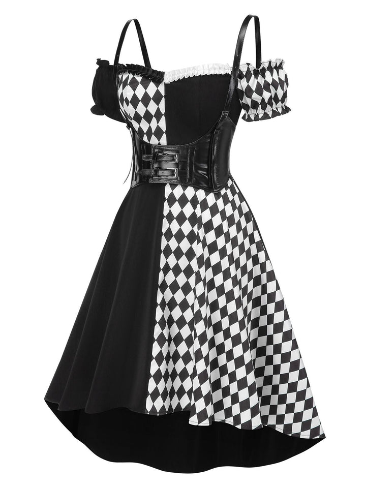 Black 1950s Halloween Harlequin Pattern Dress &amp; Leather Corset, vintage dress, retro fashion, rockabilly, pin-up fashion - perfect for women who love vintage and retro fashion