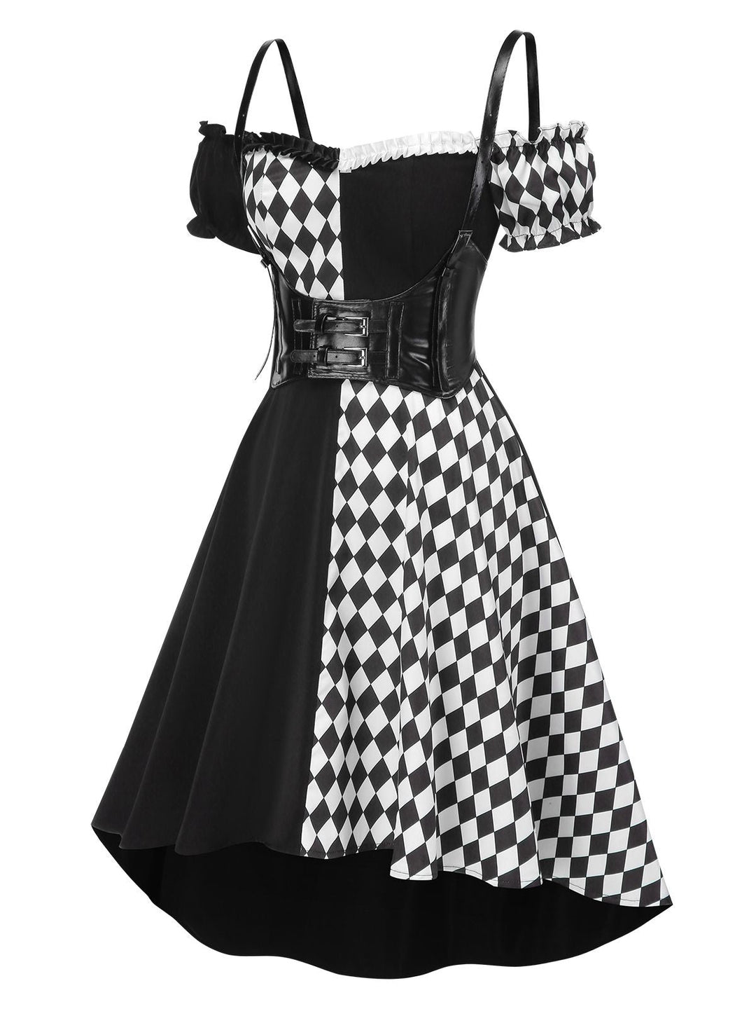 Black 1950s Halloween Harlequin Pattern Dress &amp; Leather Corset, vintage dress, retro fashion, rockabilly, pin-up fashion - perfect for women who love vintage and retro fashion