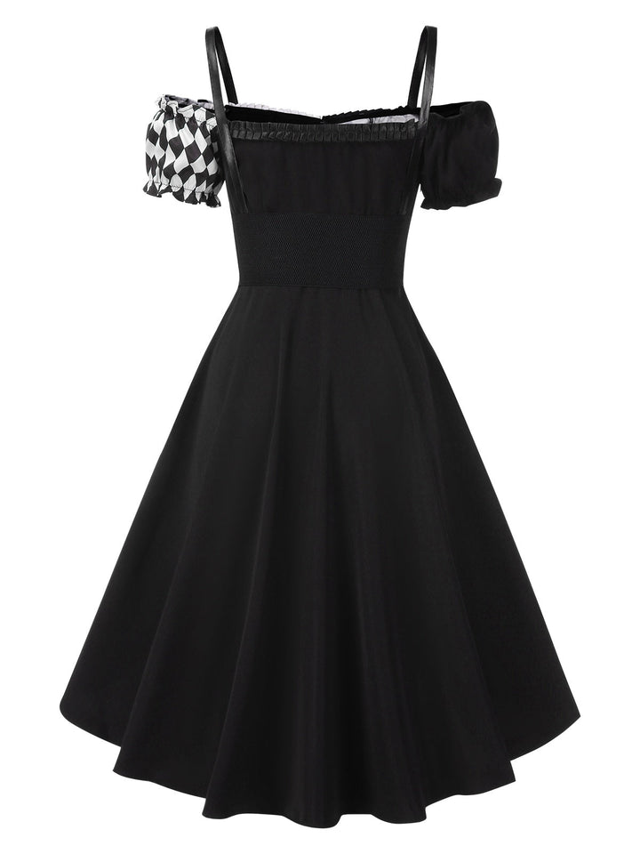 Black 1950s Halloween Harlequin Pattern Dress &amp; Leather Corset, vintage dress, retro fashion, rockabilly, pin-up fashion - perfect for women who love vintage and retro fashion
