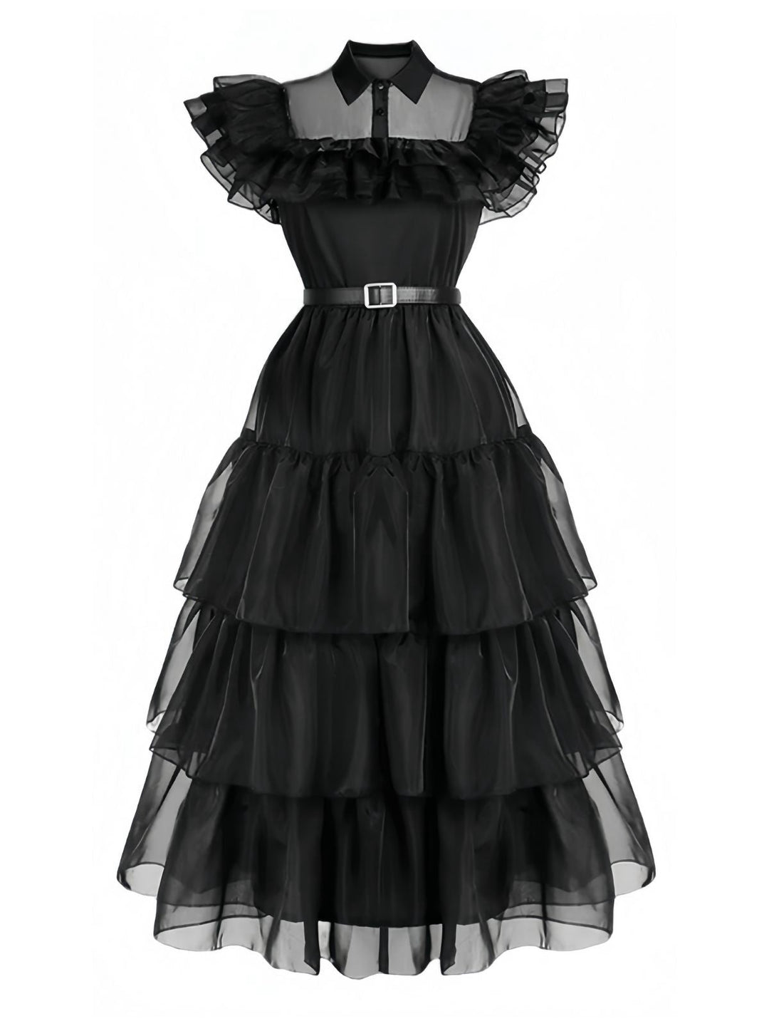 Black 1950s Halloween Organza Ruffled Lapel Dress - vintage dress, retro fashion, rockabilly