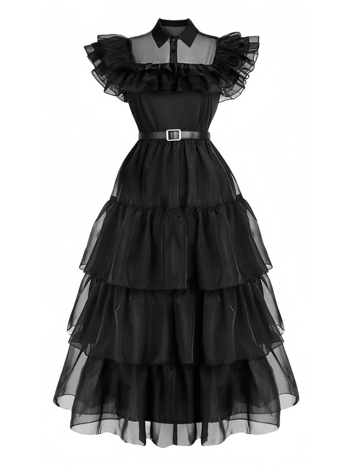 Black 1950s Halloween Organza Ruffled Lapel Dress - vintage dress, retro fashion, rockabilly