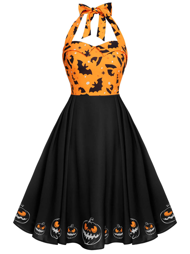Black 1950s Halloween Pumpkin Bat Halter Dress, vintage dress, retro fashion, rockabilly, pin-up fashion - perfect for women who love vintage and retro fashion