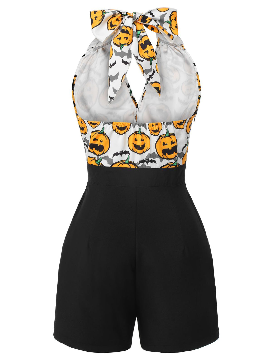 Black 1950s Halloween Pumpkin Halter Romper, vintage romper, retro jumpsuit - perfect for women who love vintage and retro fashion