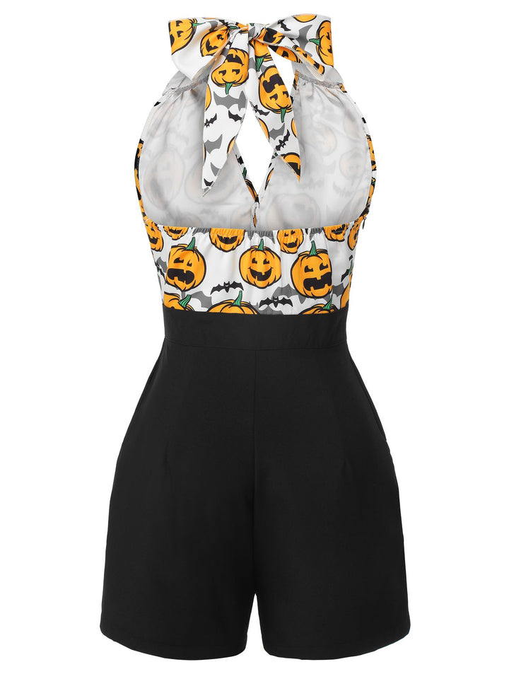 Black 1950s Halloween Pumpkin Halter Romper, vintage romper, retro jumpsuit - perfect for women who love vintage and retro fashion