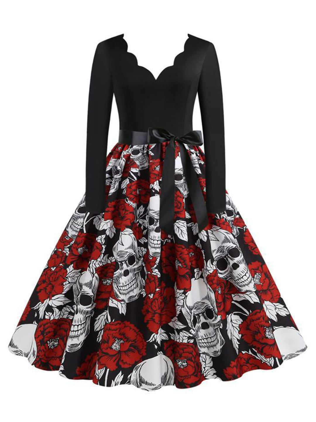She slips into this Black 1950s Halloween Roses Skull Petal Collar Dress and suddenly it&