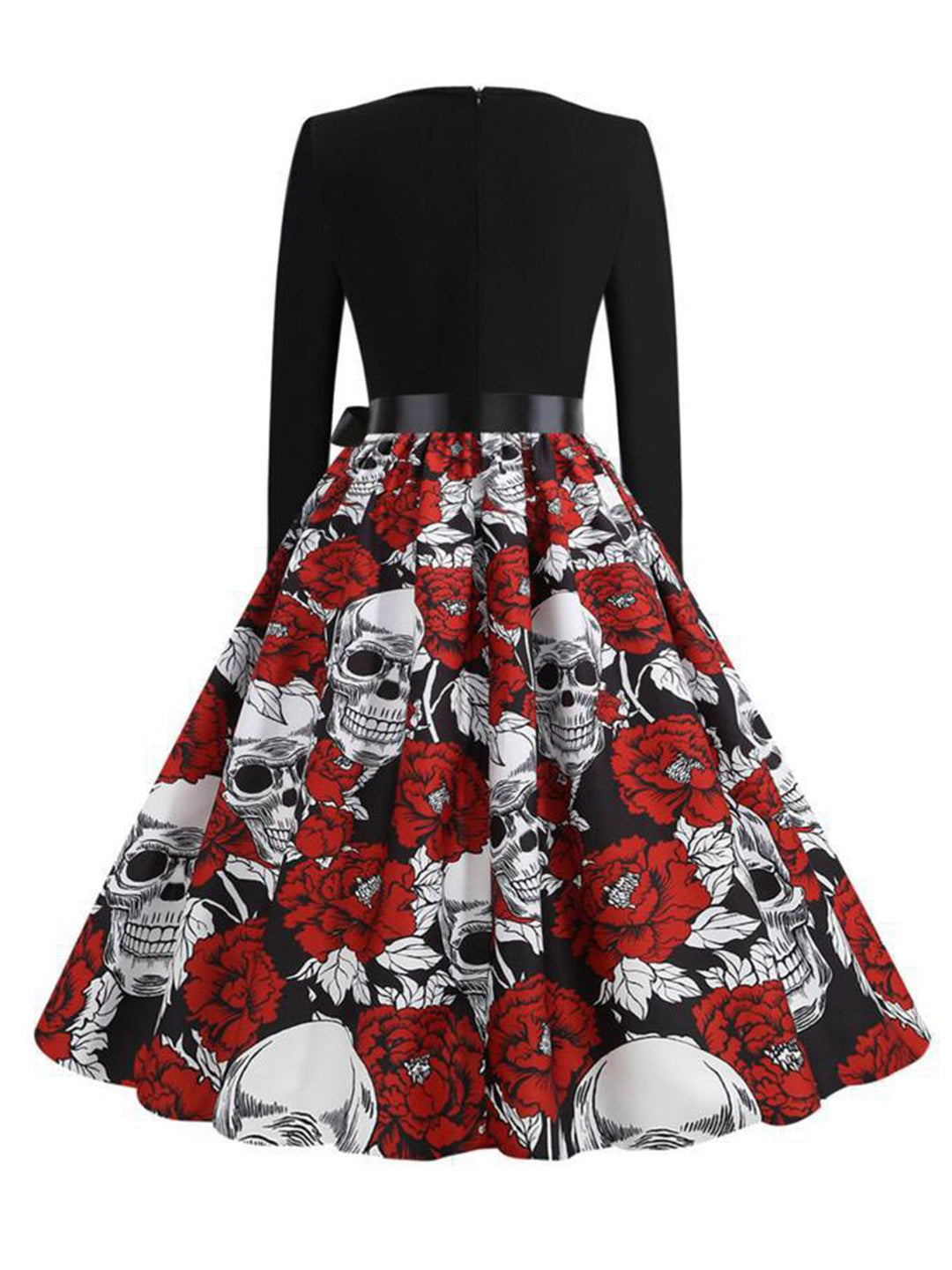 This Black 1950s Halloween Roses Skull Petal Collar Dress wraps her in 1950s elegance, one twirl at a time