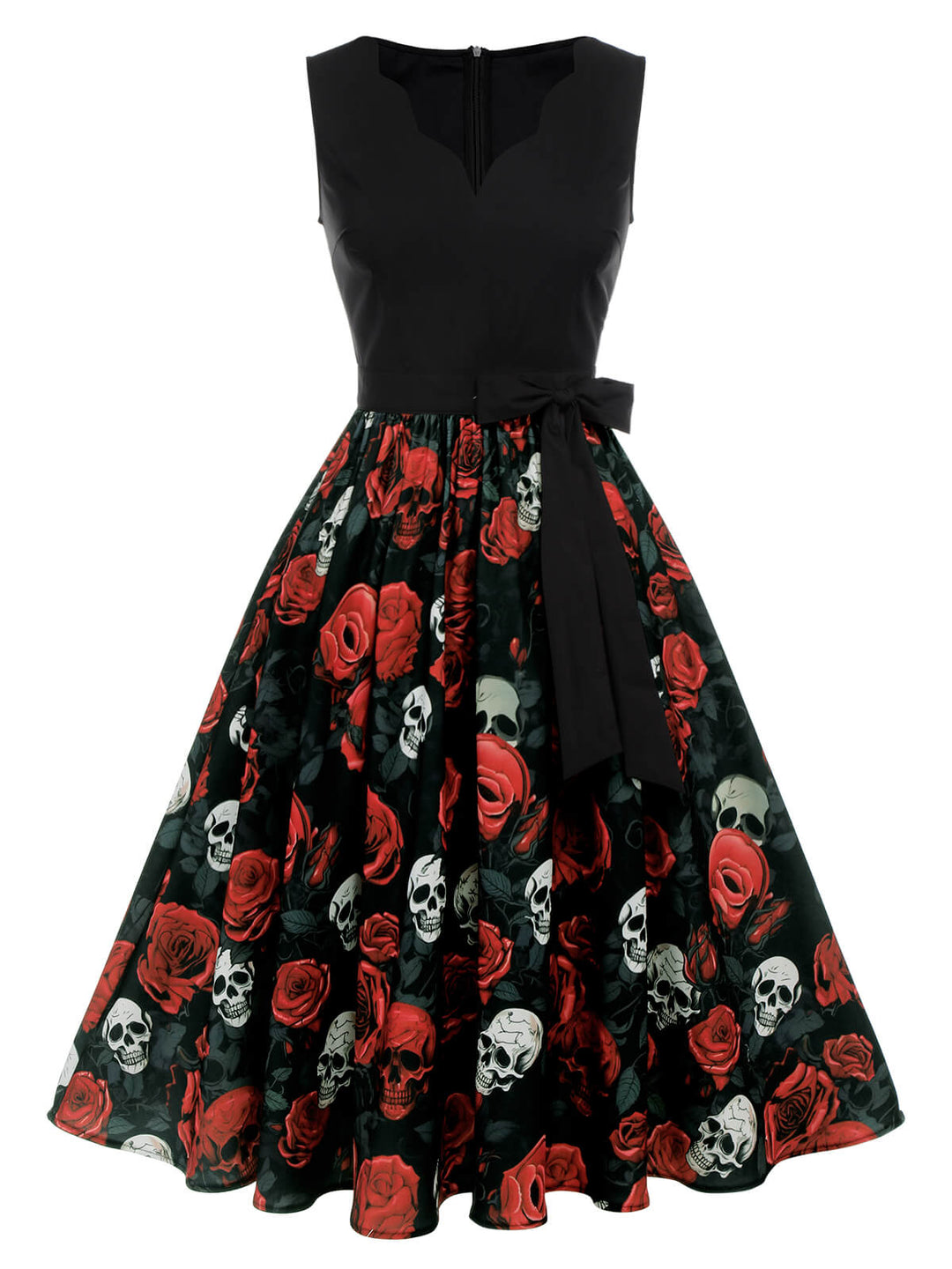 Black 1950s Halloween Skull Rose Sleeveless Dress, vintage dress, retro fashion, rockabilly, pin-up fashion - perfect for women who love vintage and retro fashion