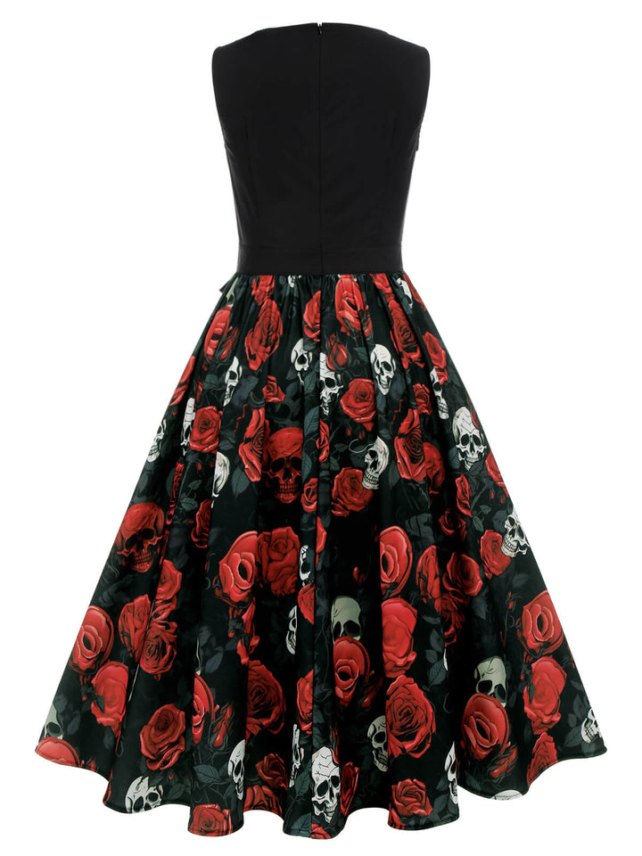 Black 1950s Halloween Skull Rose Sleeveless Dress, vintage dress, retro fashion, rockabilly, pin-up fashion - perfect for women who love vintage and retro fashion