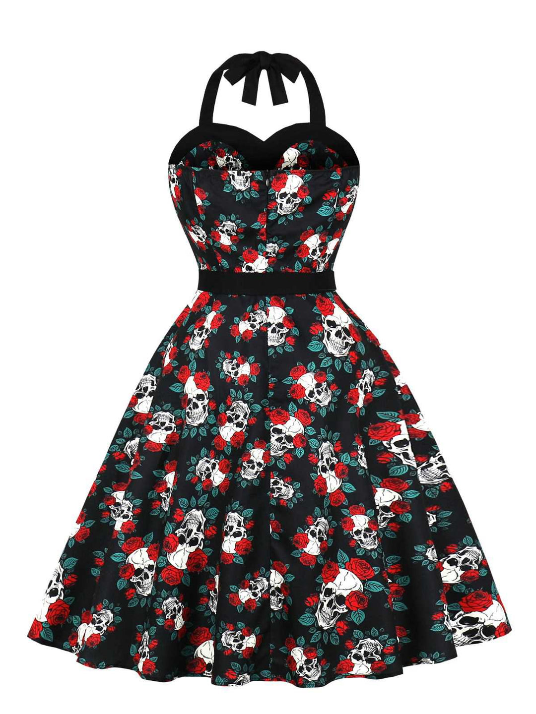 Black 1950s Halloween Skull Roses Halter Dress - vintage dress, retro fashion, rockabilly