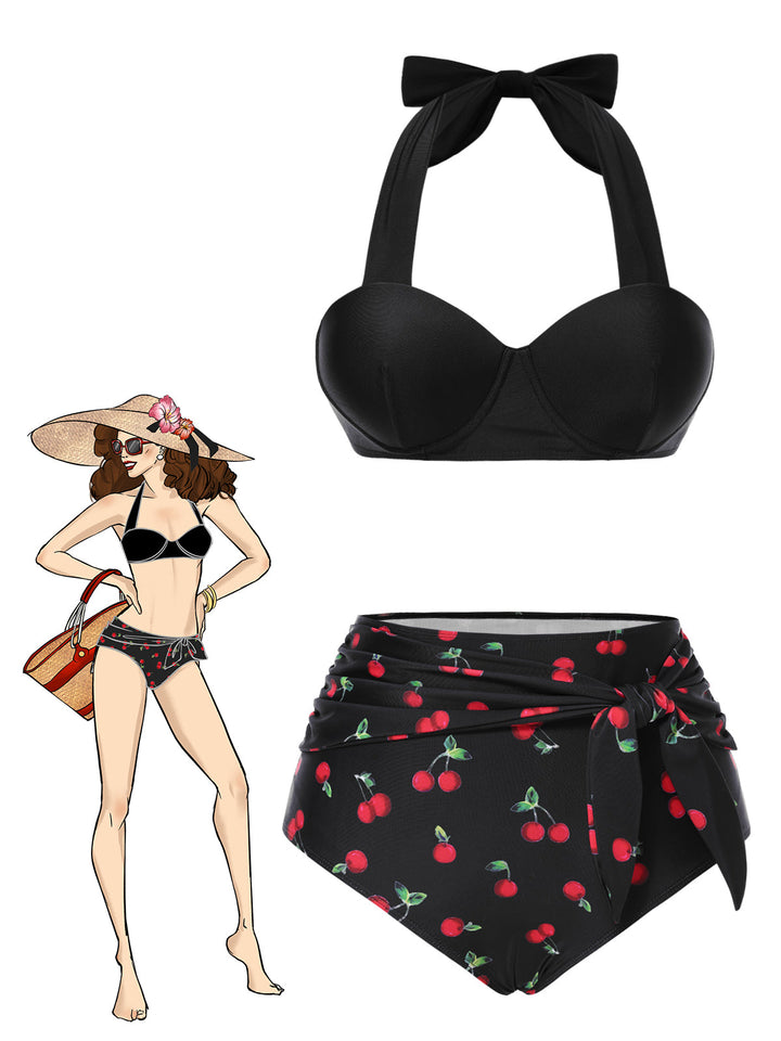 Black Halter Cherry Bikini Set - vintage fashion, retro style, classic black