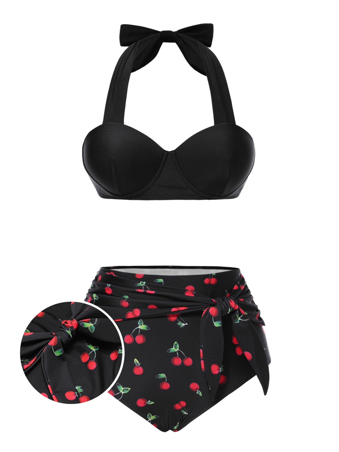 Black Halter Cherry Bikini Set - vintage fashion, retro style, classic black