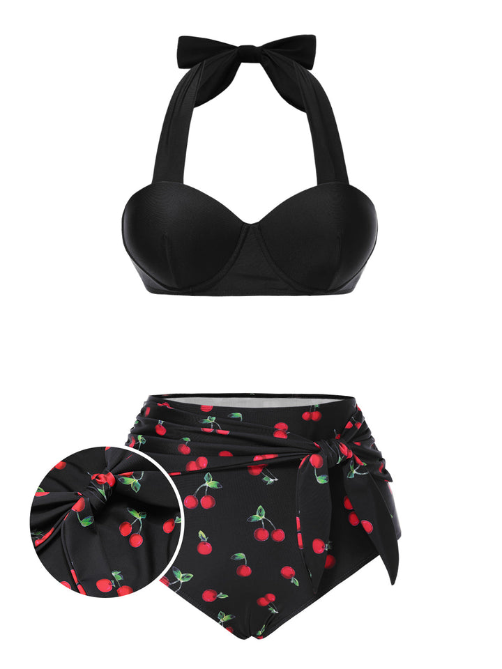 Black Halter Cherry Bikini Set - vintage fashion, retro style, classic black